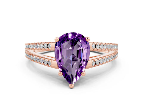 Rose gold Pear Cut Amethyst Solitaire Engagement Ring with Split Shank Pavé Band