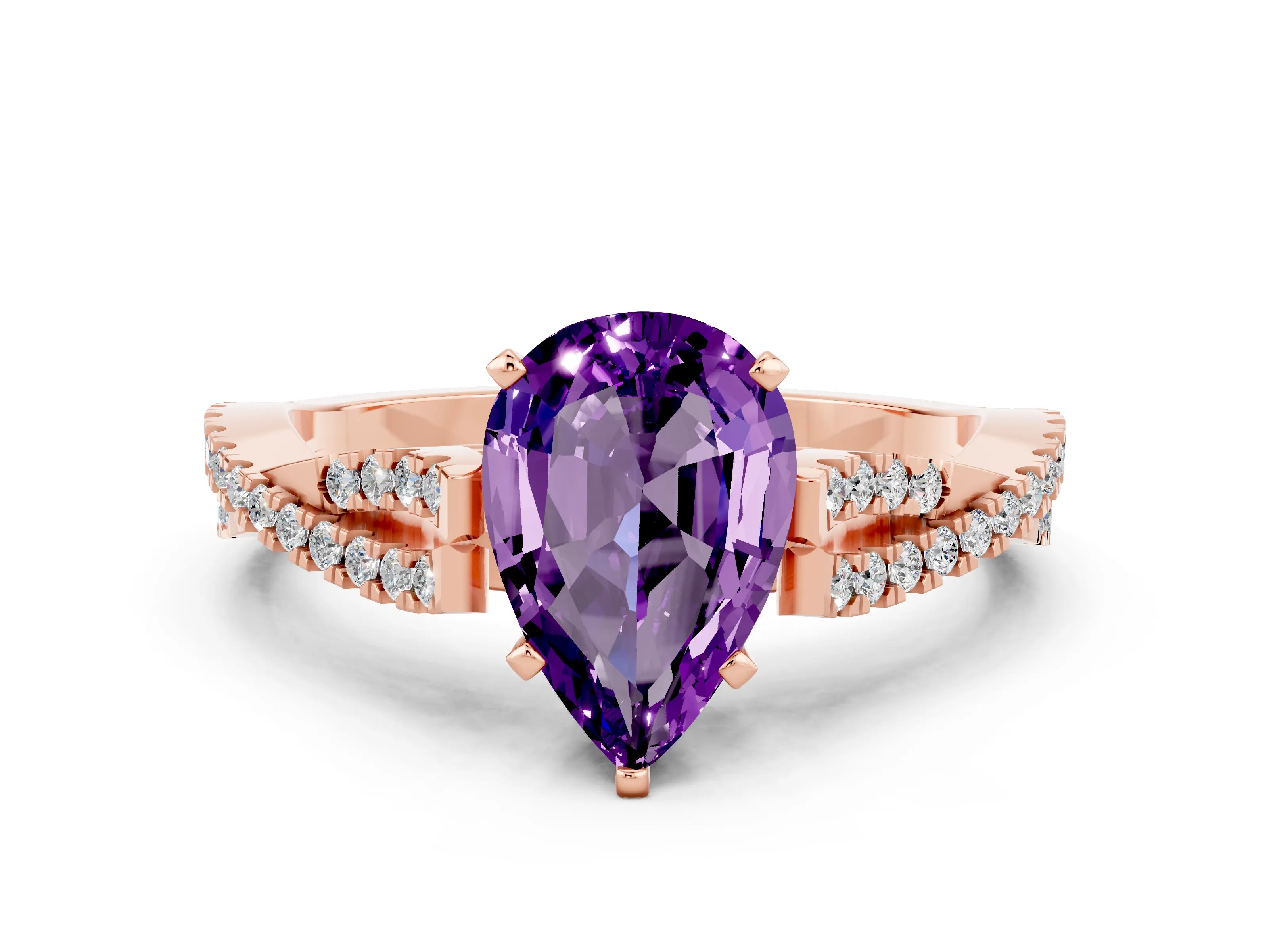 Rose gold Pear Cut Amethyst Solitaire Engagement Ring with Twisted Pavé Band and Four-Prong Setting