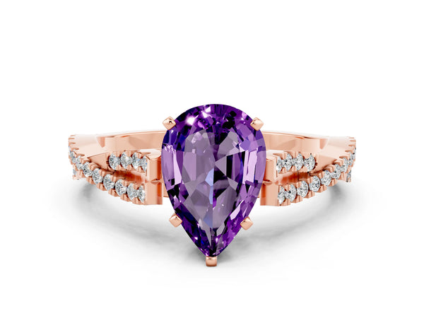Rose gold Pear Cut Amethyst Solitaire Engagement Ring with Twisted Pavé Band and Four-Prong Setting