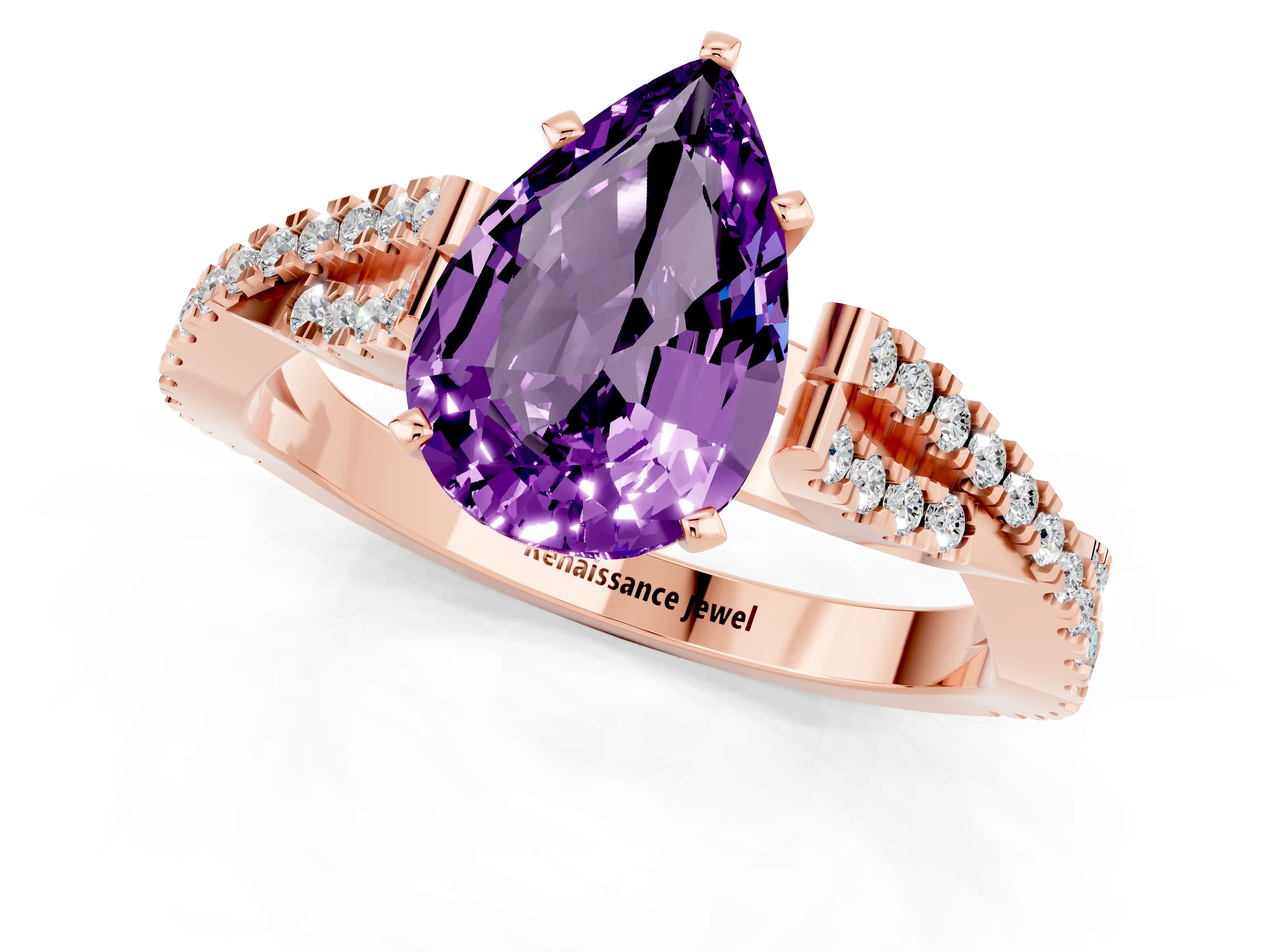 Rose gold Pear Cut Amethyst Solitaire Engagement Ring with Twisted Pavé Band and Four-Prong Setting_1
