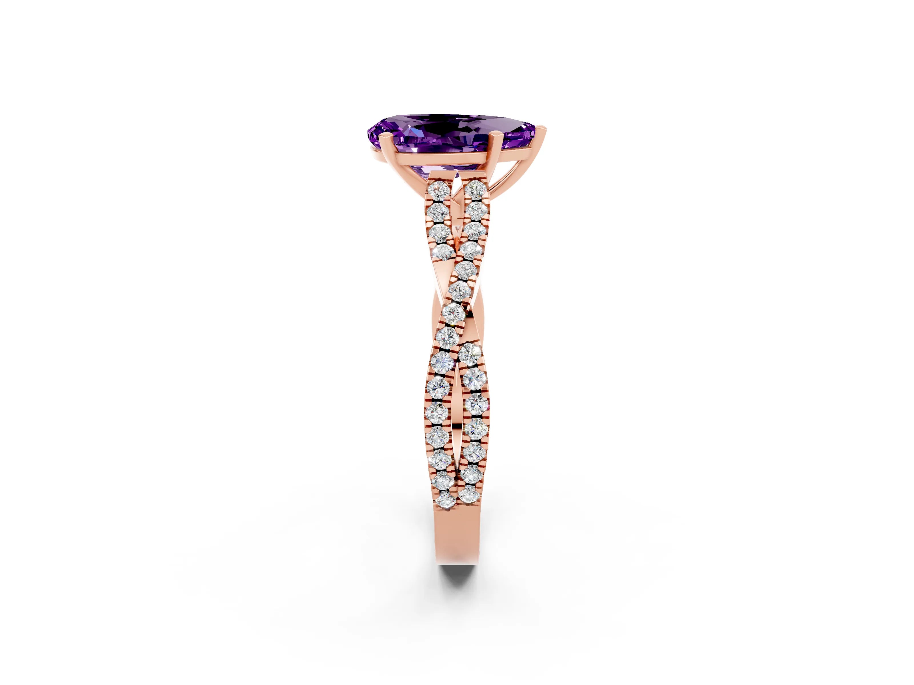Rose gold Pear Cut Amethyst Solitaire Engagement Ring with Twisted Pavé Band and Four-Prong Setting_2