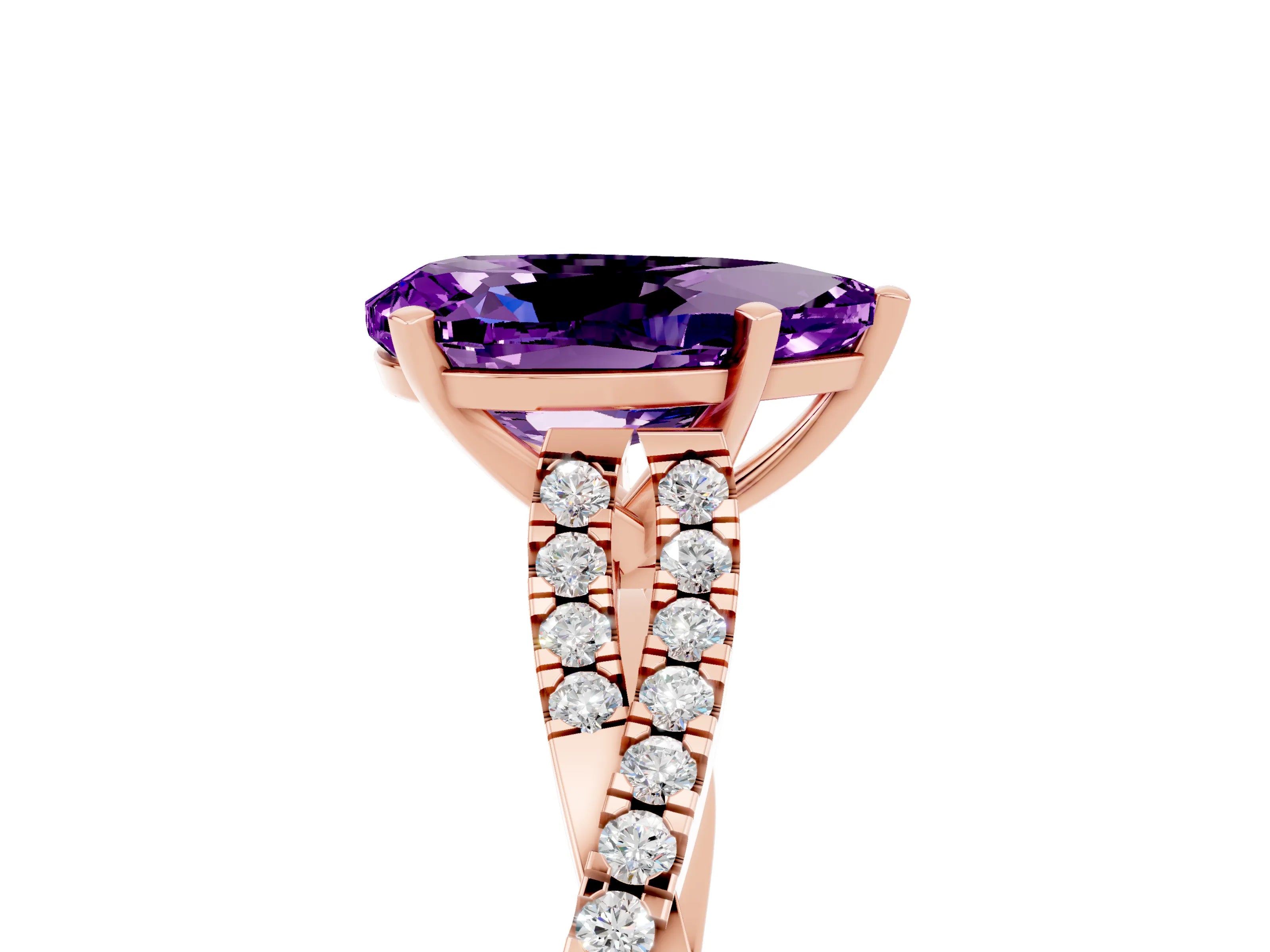Rose gold Pear Cut Amethyst Solitaire Engagement Ring with Twisted Pavé Band and Four-Prong Setting_5