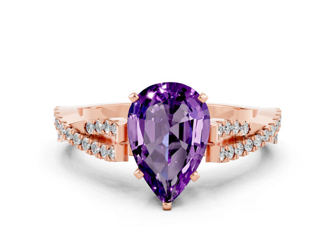 Rose gold Pear Cut Amethyst Solitaire Engagement Ring with Twisted Pavé Band and Four-Prong Setting