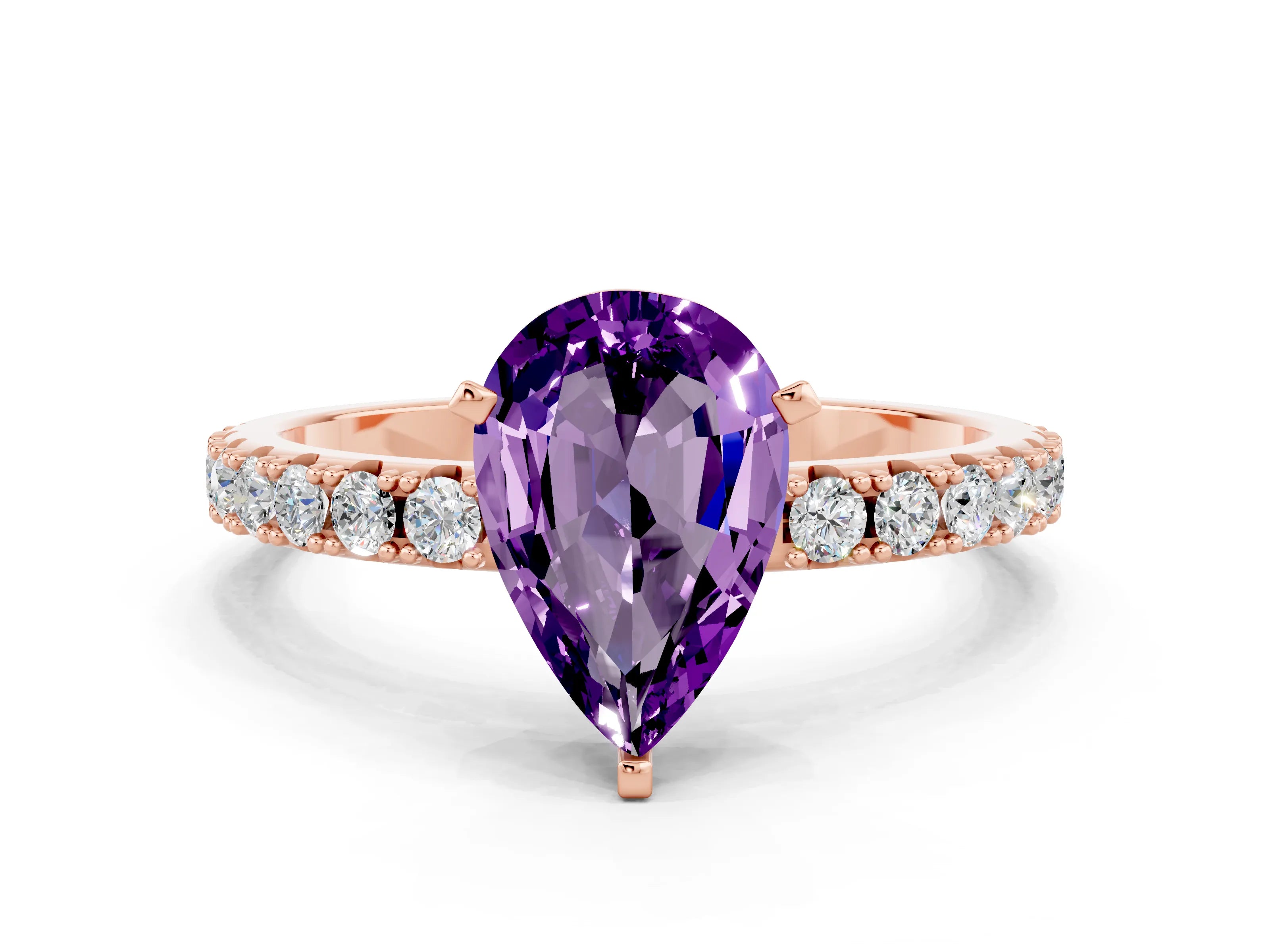 Rose gold Pear Cut Amethyst Solitaire Pavé Band with Four-Prong Setting