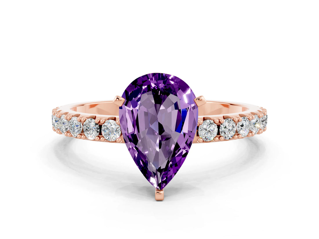 Rose gold Pear Cut Amethyst Solitaire Pavé Band with Four-Prong Setting