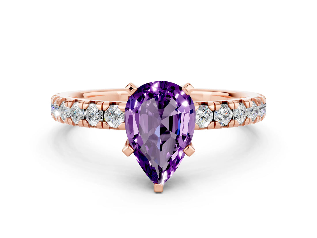 Rose gold Pear Cut Amethyst Solitaire Pavé Engagement Ring with Round Band and Prong Setting_74