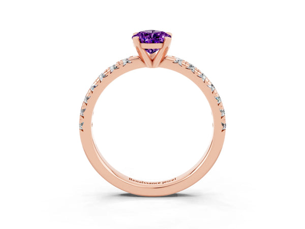 Rose gold Pear Cut Amethyst Solitaire Pavé Engagement Ring with Round Band and Prong Setting