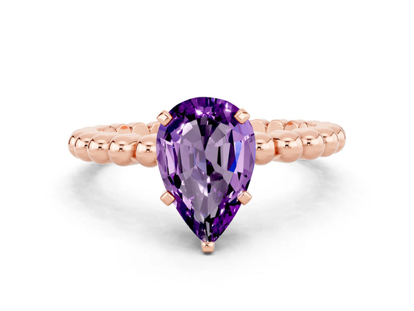Rose gold Pear Cut Amethyst Solitaire Ring with Beaded Band and Prong Setting