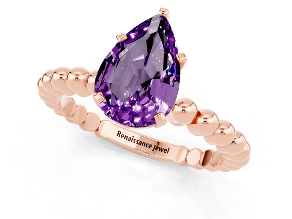 Rose gold Pear Cut Amethyst Solitaire Ring with Beaded Band and Prong Setting