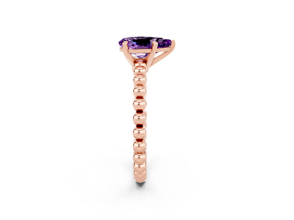 Rose gold Pear Cut Amethyst Solitaire Ring with Beaded Band and Prong Setting