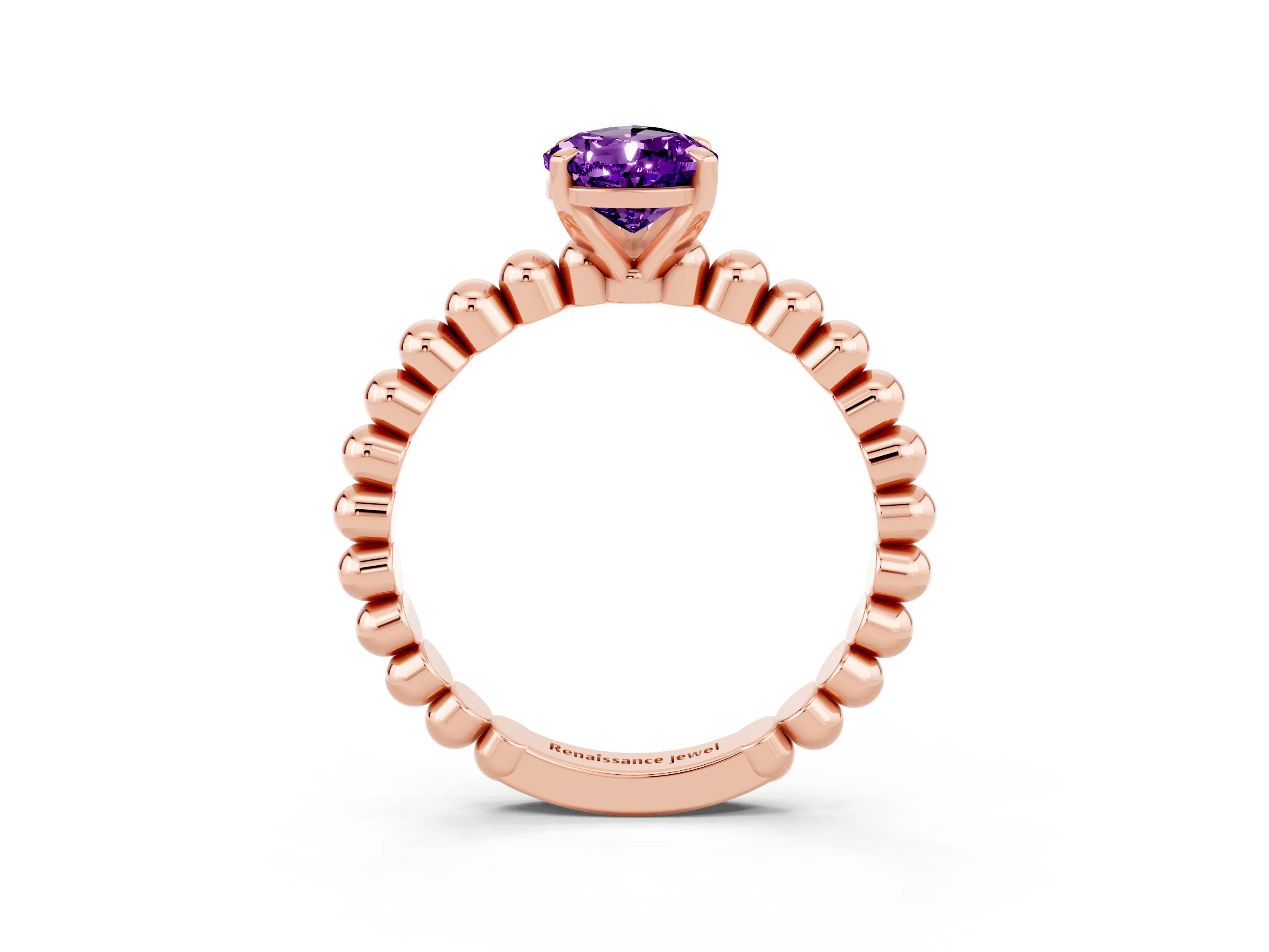 Rose gold Pear Cut Amethyst Solitaire Ring with Beaded Band and Prong Setting_3