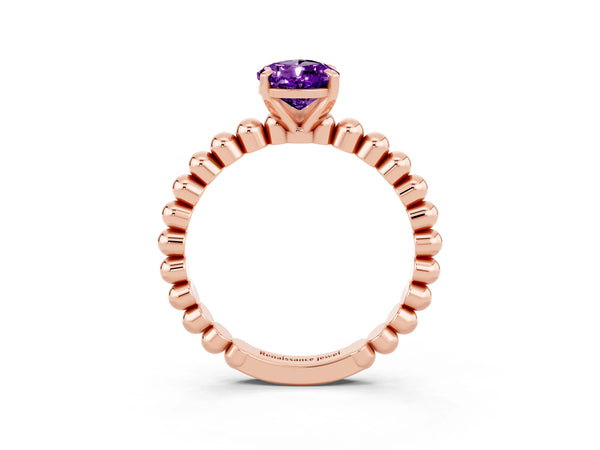 Rose gold Pear Cut Amethyst Solitaire Ring with Beaded Band and Prong Setting