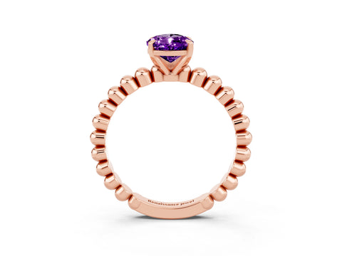 Rose gold Pear Cut Amethyst Solitaire Ring with Beaded Band and Prong Setting_3