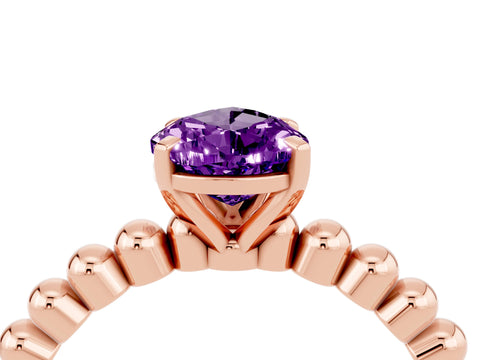 Rose gold Pear Cut Amethyst Solitaire Ring with Beaded Band and Prong Setting_4