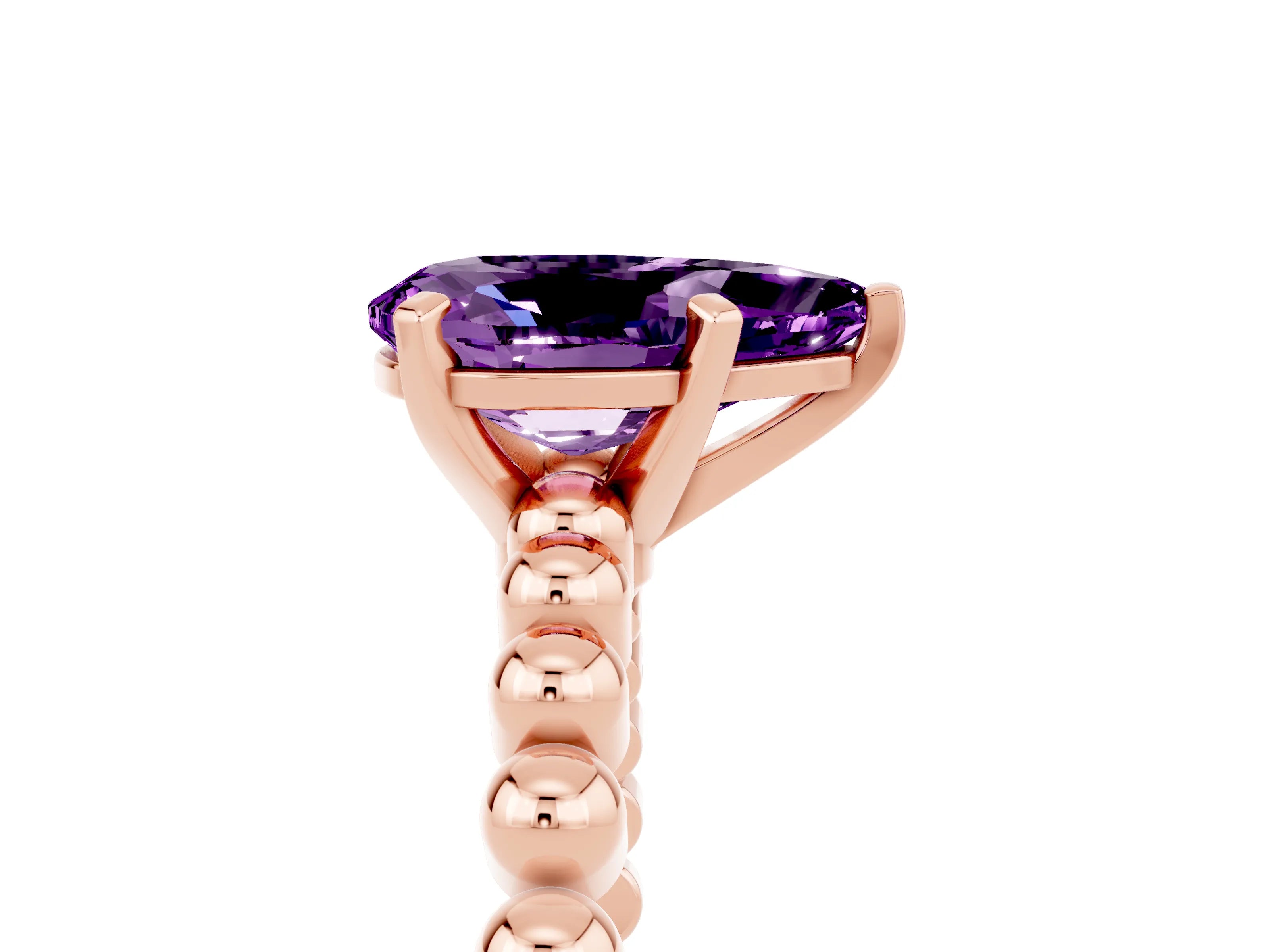 Rose gold Pear Cut Amethyst Solitaire Ring with Beaded Band and Prong Setting_5