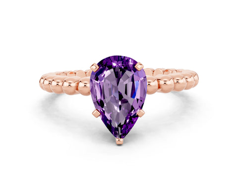 Rose gold Pear Cut Amethyst Solitaire Ring with Beaded Band and Prong Setting