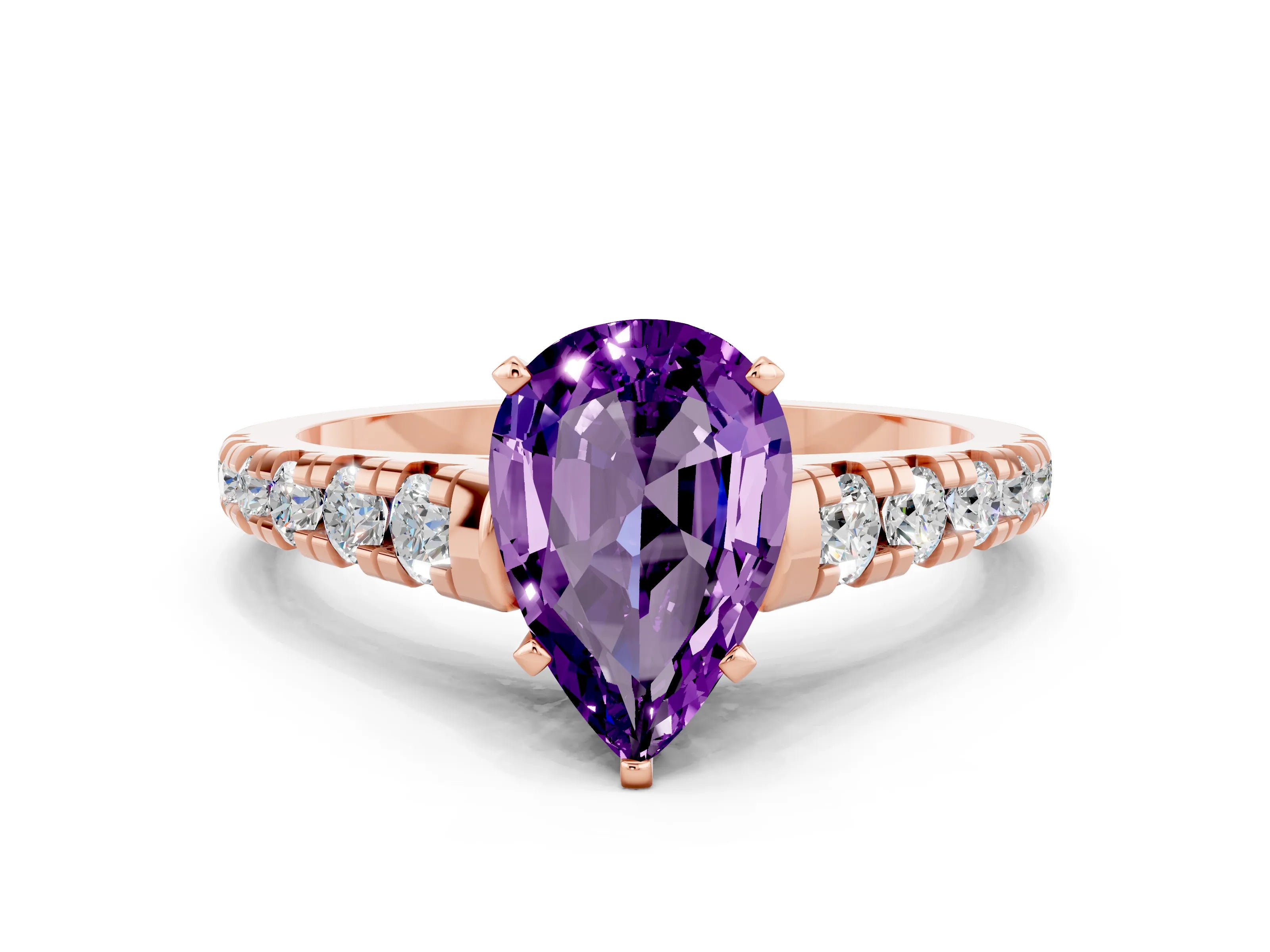 Rose gold Pear Cut Amethyst Solitaire Ring with Cathedral Setting and Pavé Band