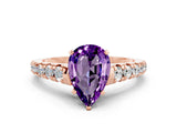 Rose gold Pear Cut Amethyst Solitaire Ring with Cathedral Setting and Pavé Band