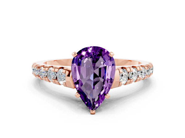 Rose gold Pear Cut Amethyst Cathedral Solitaire Ring with Round  Pavé Band