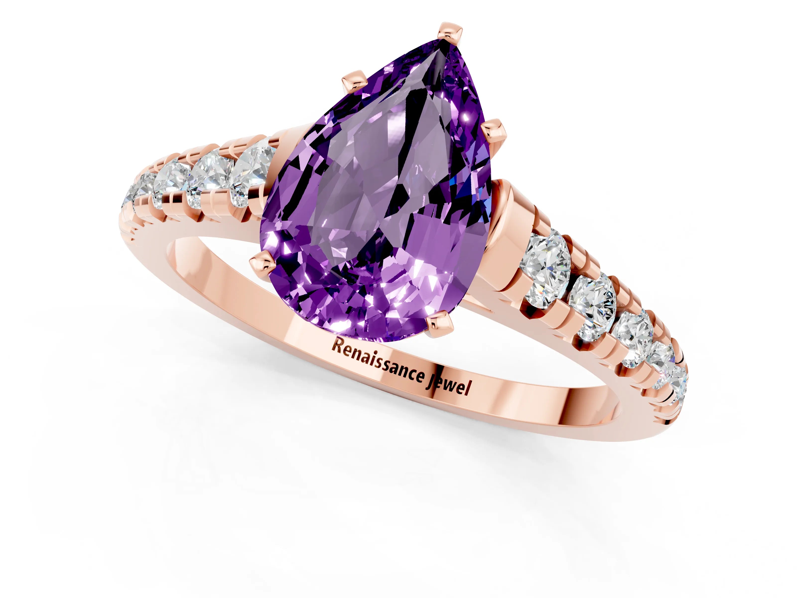 Rose gold Pear Cut Amethyst Solitaire Ring with Cathedral Setting and Pavé Band_1