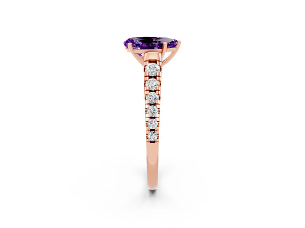 Rose gold Pear Cut Amethyst Cathedral Solitaire Ring with Round  Pavé Band
