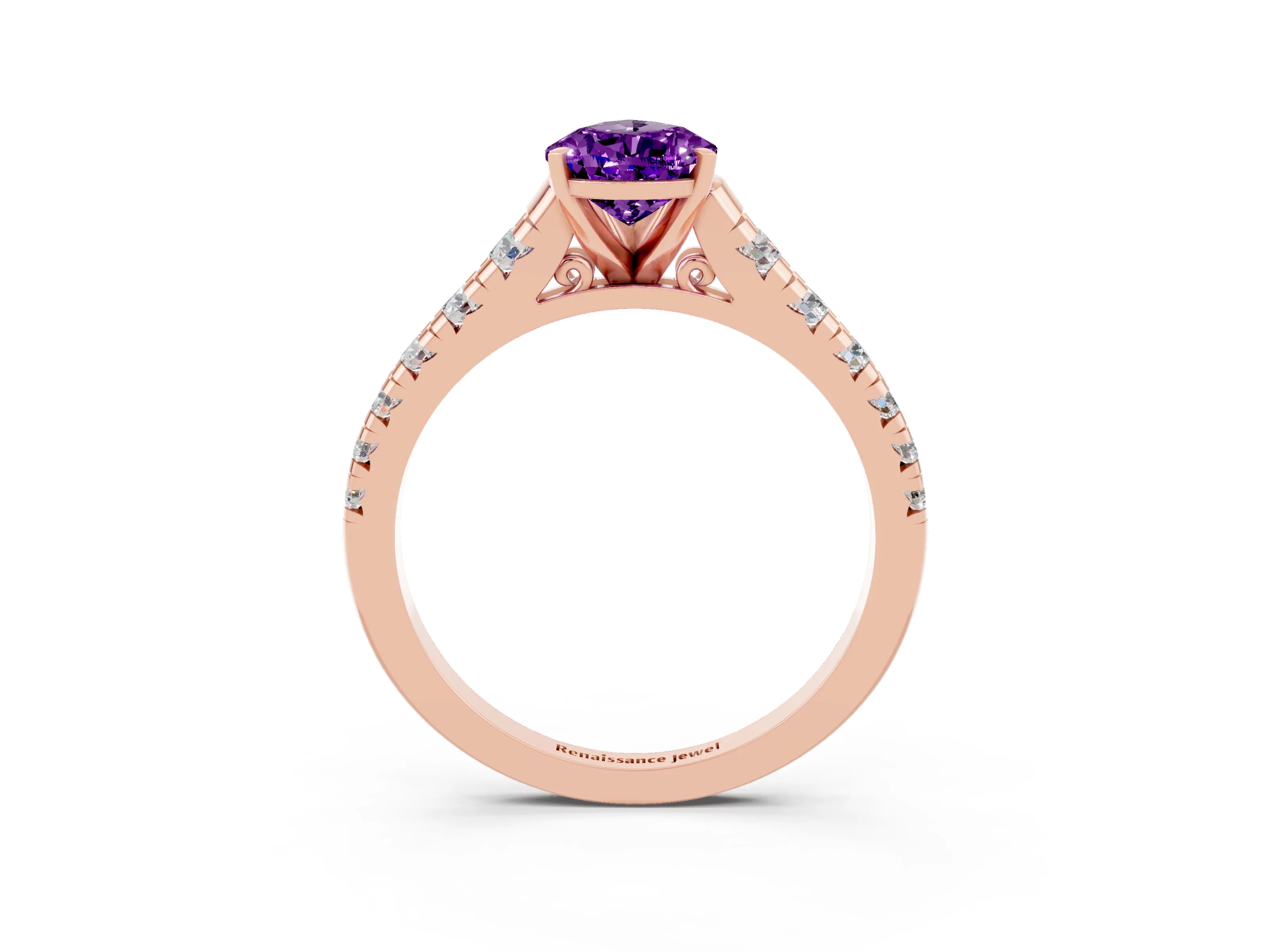 Rose gold Pear Cut Amethyst Solitaire Ring with Cathedral Setting and Pavé Band_3