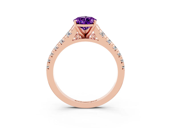 Rose gold Pear Cut Amethyst Cathedral Solitaire Ring with Round  Pavé Band