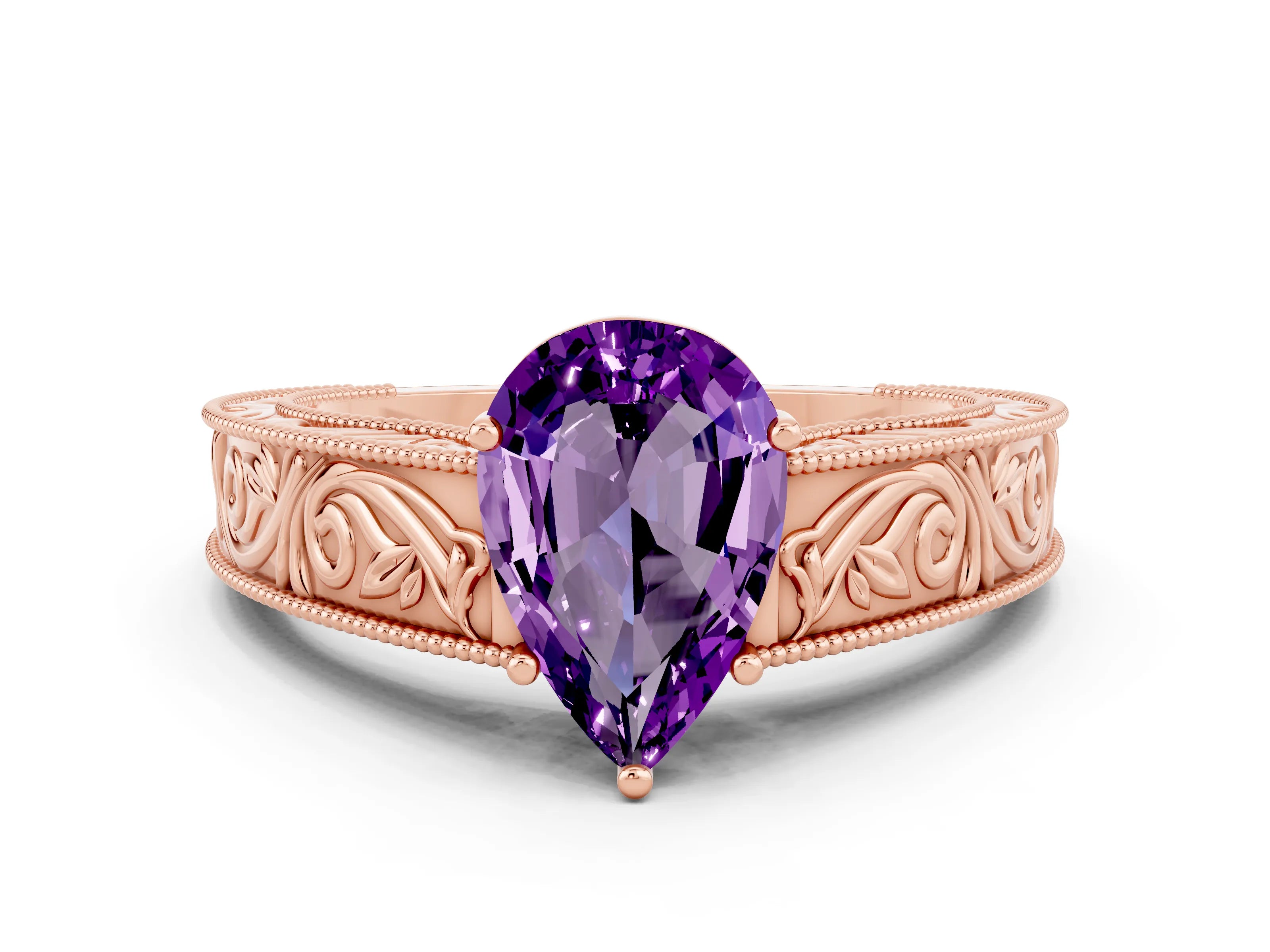 Rose gold Pear Cut Amethyst Solitaire Ring with Engraved Band and Four-Prong Setting
