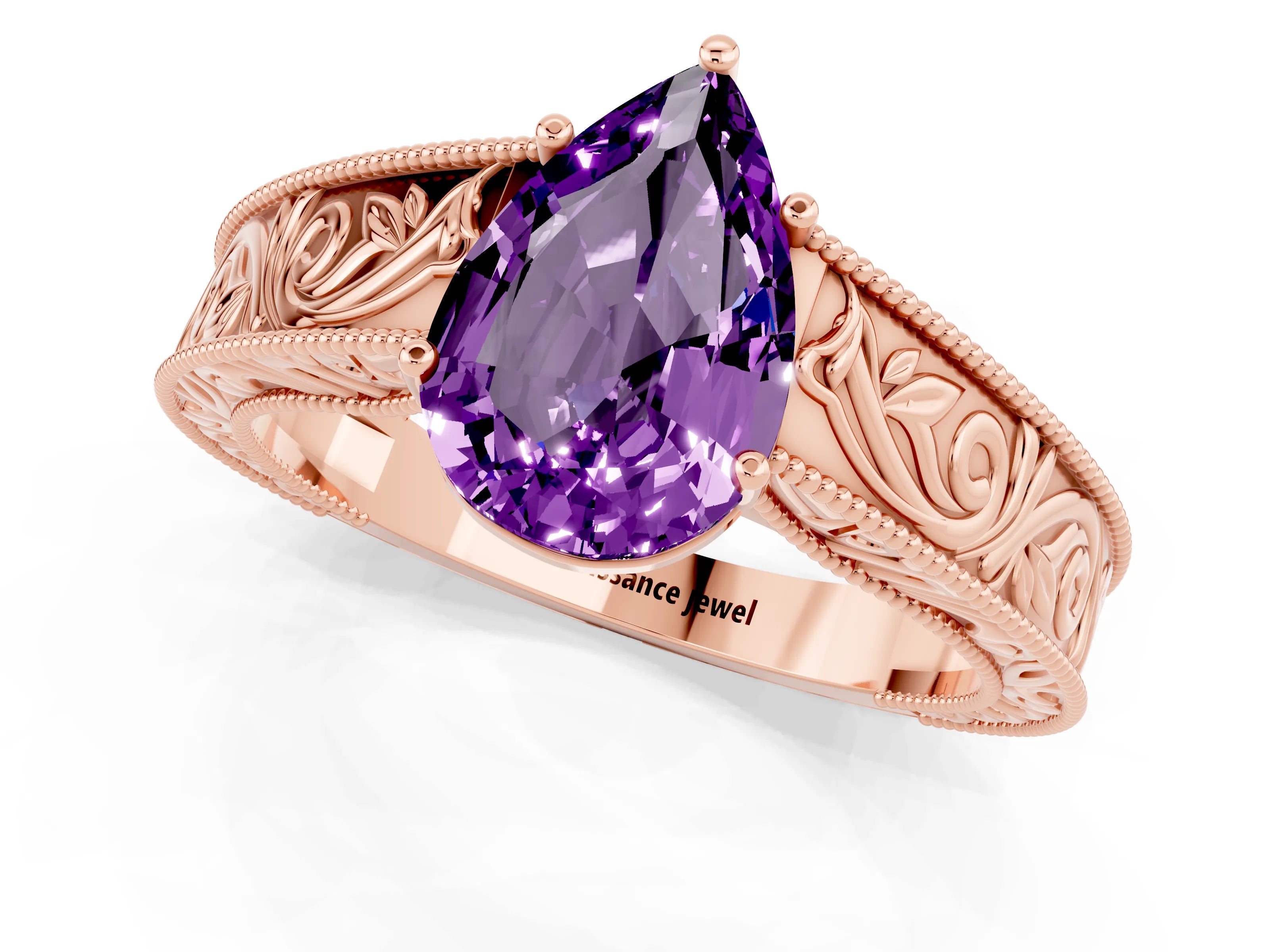 Rose gold Pear Cut Amethyst Solitaire Ring with Engraved Band and Four-Prong Setting_1