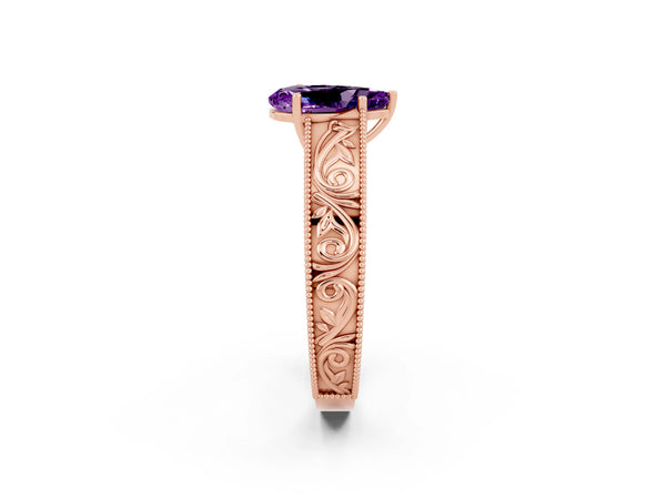 Rose Gold Pear-Shaped Amethyst Vintage Engraved Solitaire Engagement Ring with Wide Milgrain Band