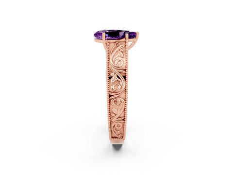 Rose gold Pear Cut Amethyst Solitaire Ring with Engraved Band and Four-Prong Setting_2