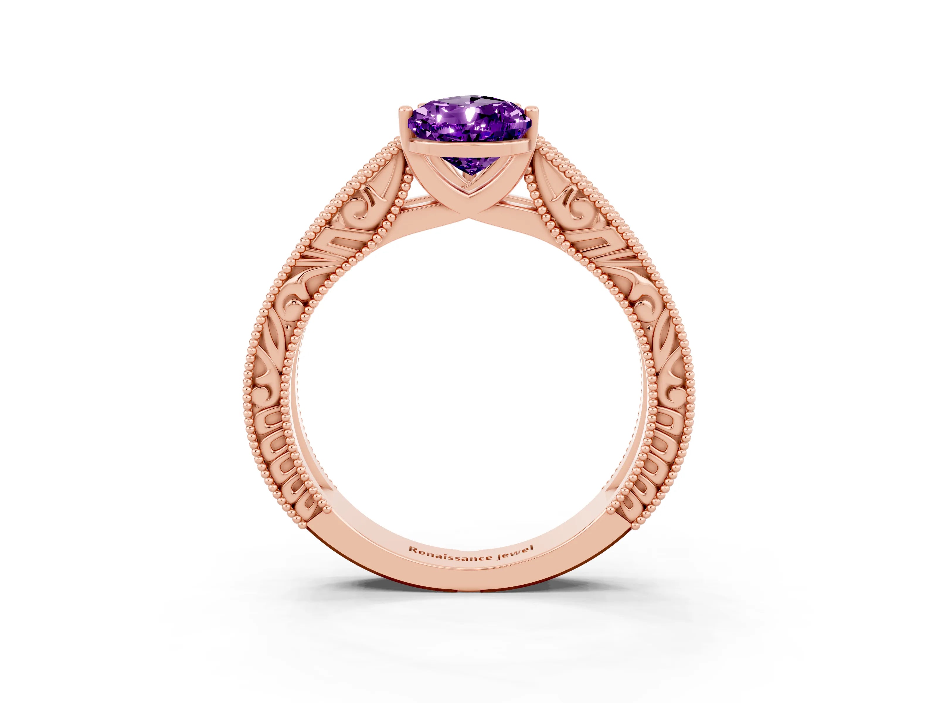 Rose gold Pear Cut Amethyst Solitaire Ring with Engraved Band and Four-Prong Setting_3