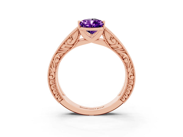 Rose Gold Pear-Shaped Amethyst Vintage Engraved Solitaire Engagement Ring with Wide Milgrain Band