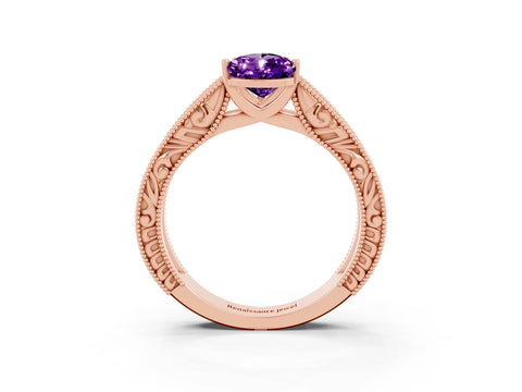 Rose gold Pear Cut Amethyst Solitaire Ring with Engraved Band and Four-Prong Setting_3