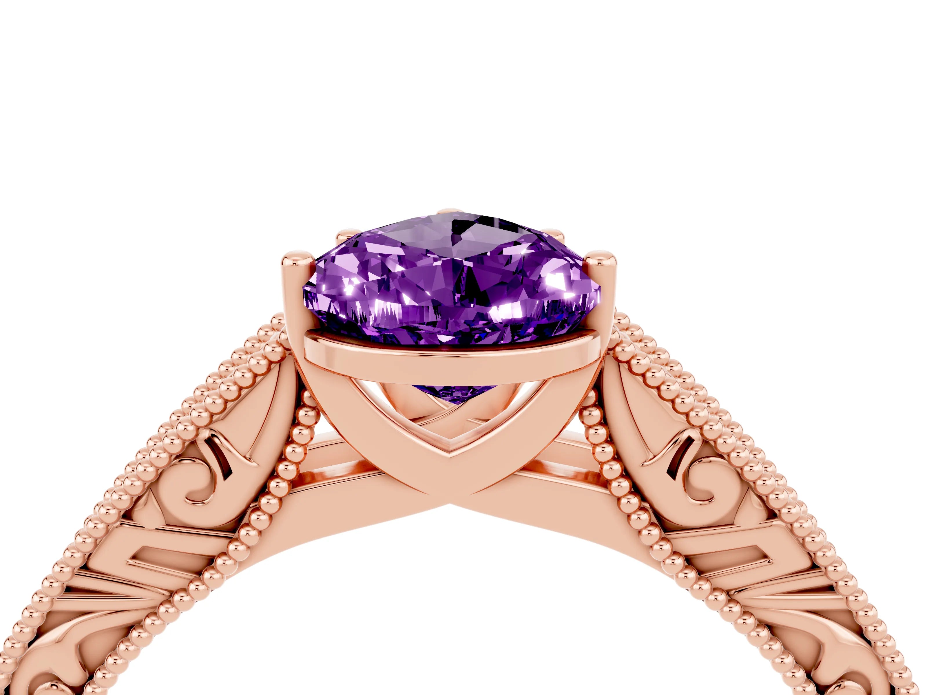 Rose gold Pear Cut Amethyst Solitaire Ring with Engraved Band and Four-Prong Setting_4
