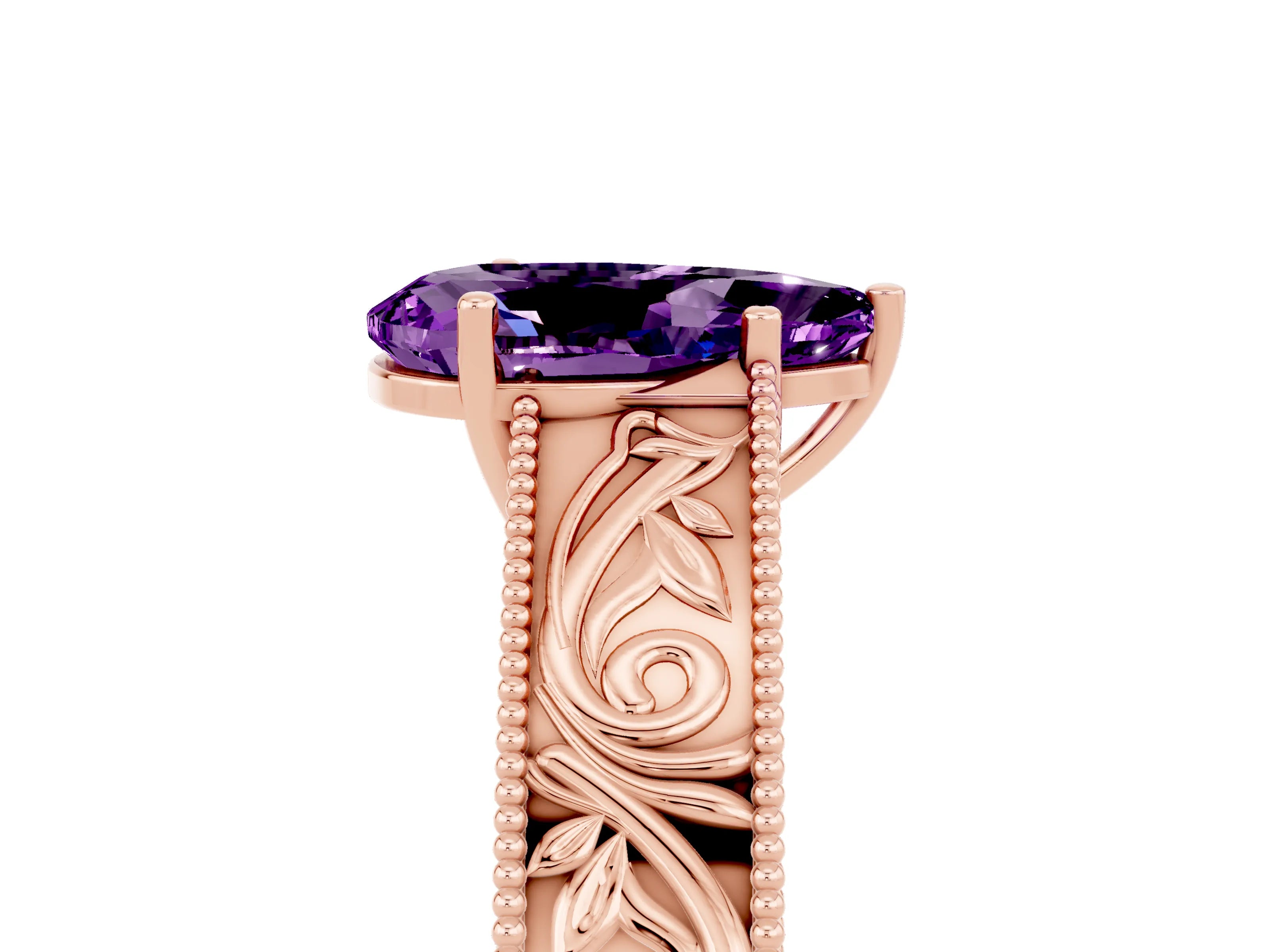 Rose gold Pear Cut Amethyst Solitaire Ring with Engraved Band and Four-Prong Setting_5