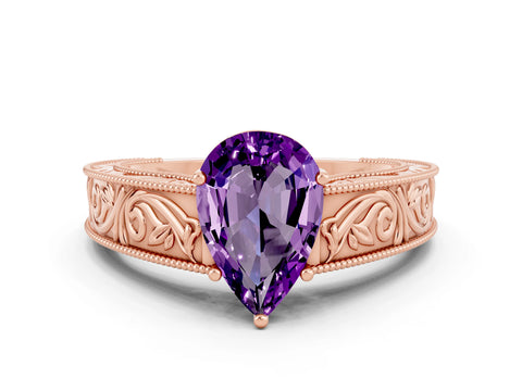 Rose gold Pear Cut Amethyst Solitaire Ring with Engraved Band and Four-Prong Setting