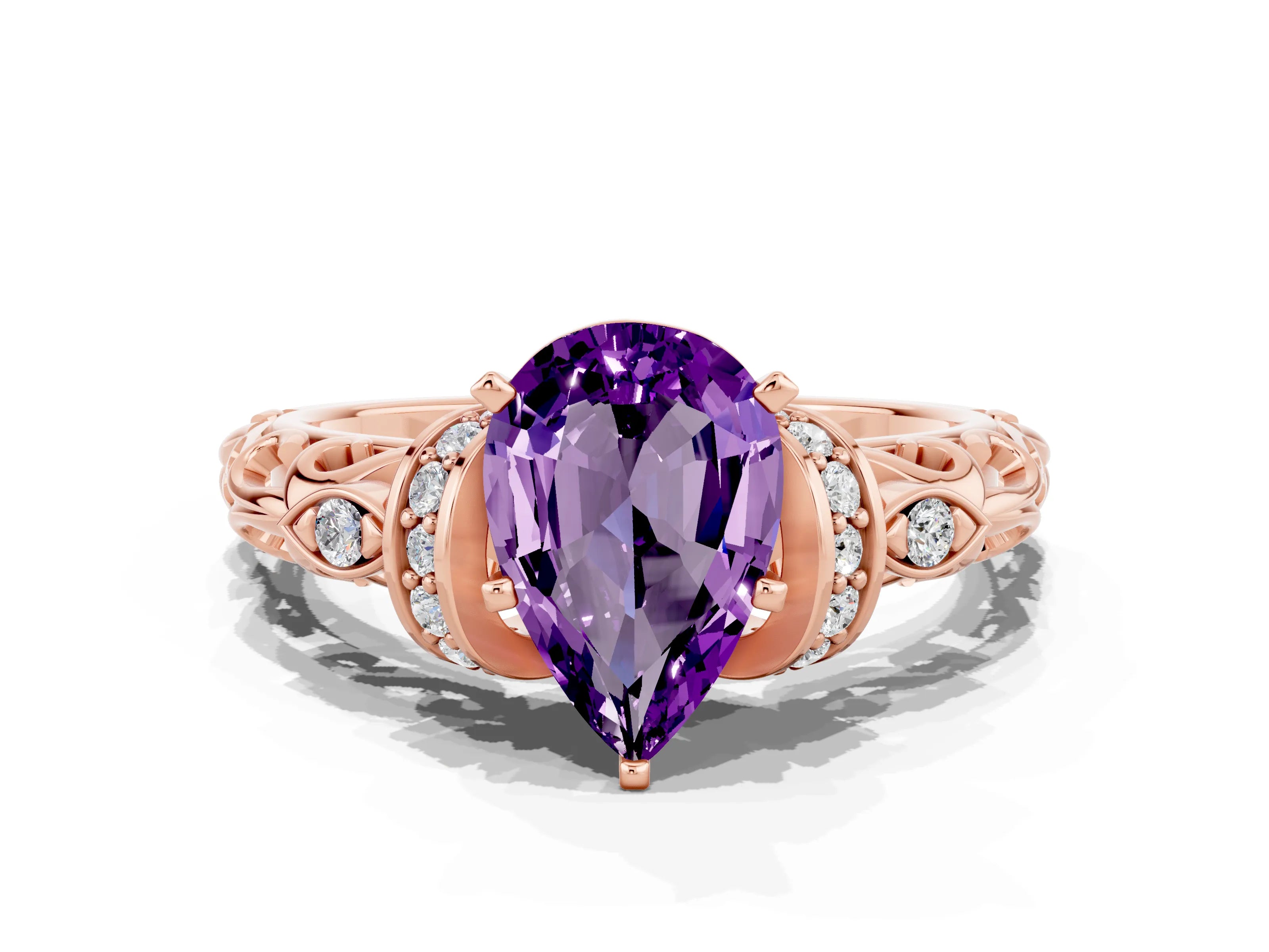 Rose gold Pear Cut Amethyst Solitaire Ring with Filigree Band and Four-Prong Setting_24