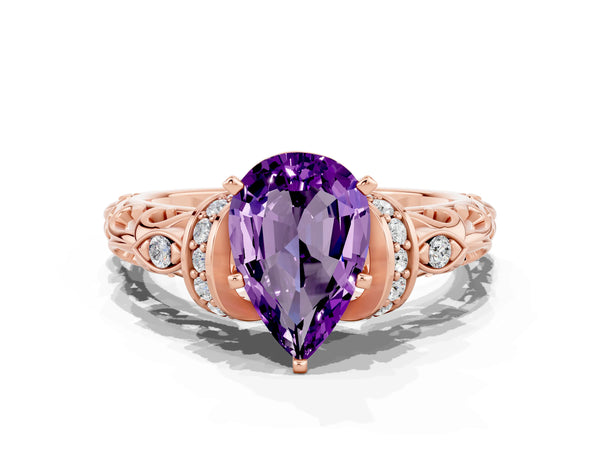 Rose gold Pear Cut Amethyst Solitaire Ring with Filigree Band and Four-Prong Setting