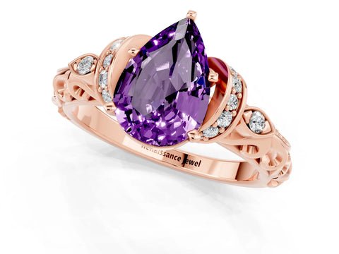 Rose gold Pear Cut Amethyst Solitaire Ring with Filigree Band and Four-Prong Setting_25