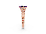 Rose gold Pear Cut Amethyst Solitaire Ring with Filigree Band and Four-Prong Setting_26