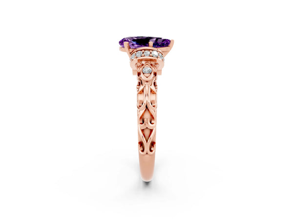 Rose gold Pear Cut Amethyst Solitaire Ring with Filigree Band and Four-Prong Setting