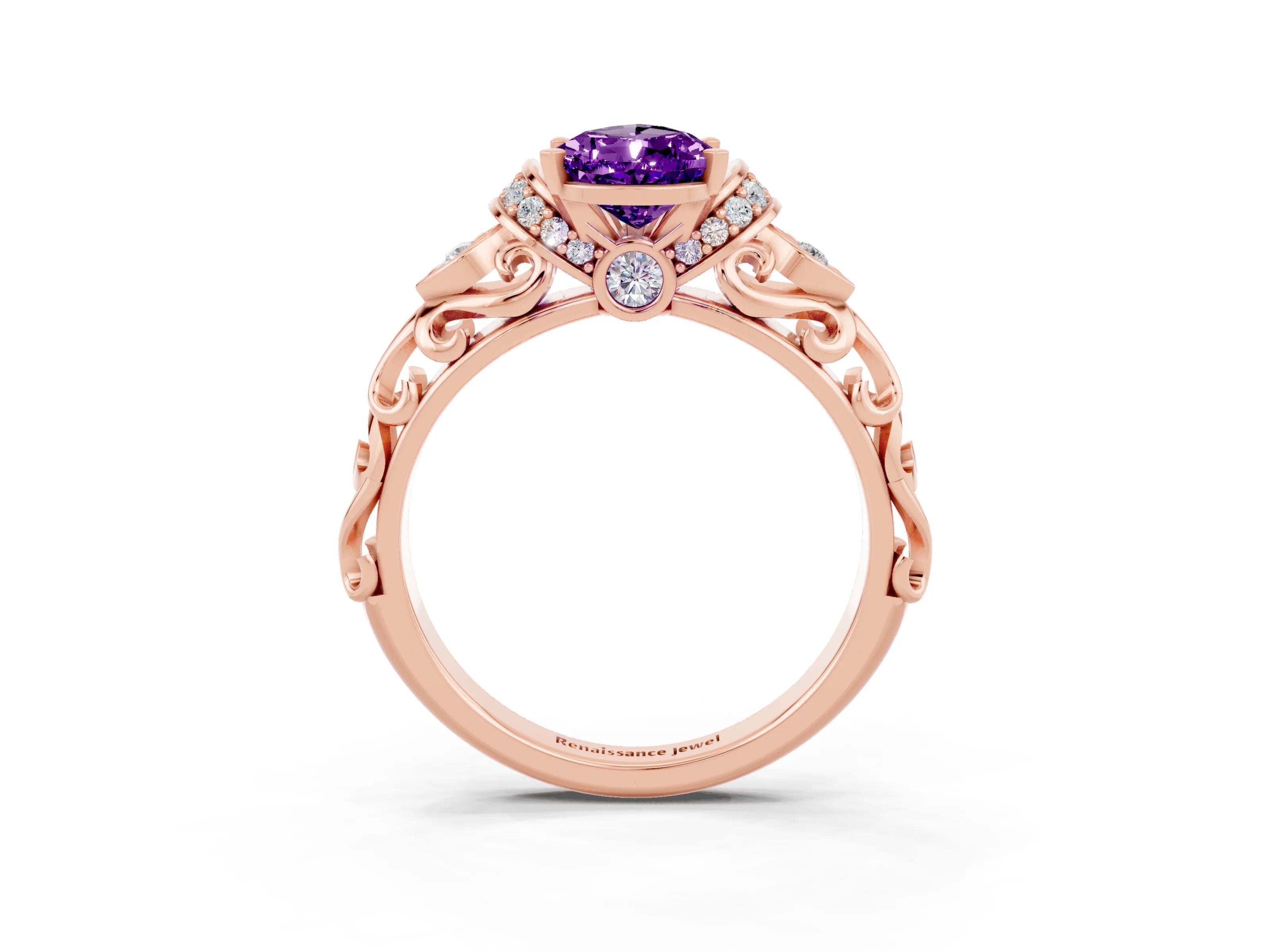 Rose gold Pear Cut Amethyst Solitaire Ring with Filigree Band and Four-Prong Setting_27