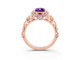 Rose gold Pear Cut Amethyst Solitaire Ring with Filigree Band and Four-Prong Setting_27