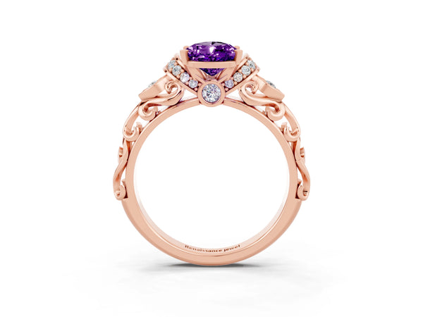 Rose gold Pear Cut Amethyst Solitaire Ring with Filigree Band and Four-Prong Setting