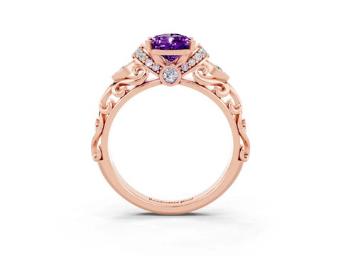 Rose gold Pear Cut Amethyst Solitaire Ring with Filigree Band and Four-Prong Setting_27