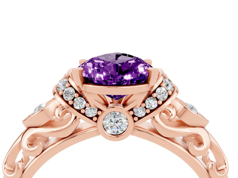 Rose gold Pear Cut Amethyst Solitaire Ring with Filigree Band and Four-Prong Setting_28