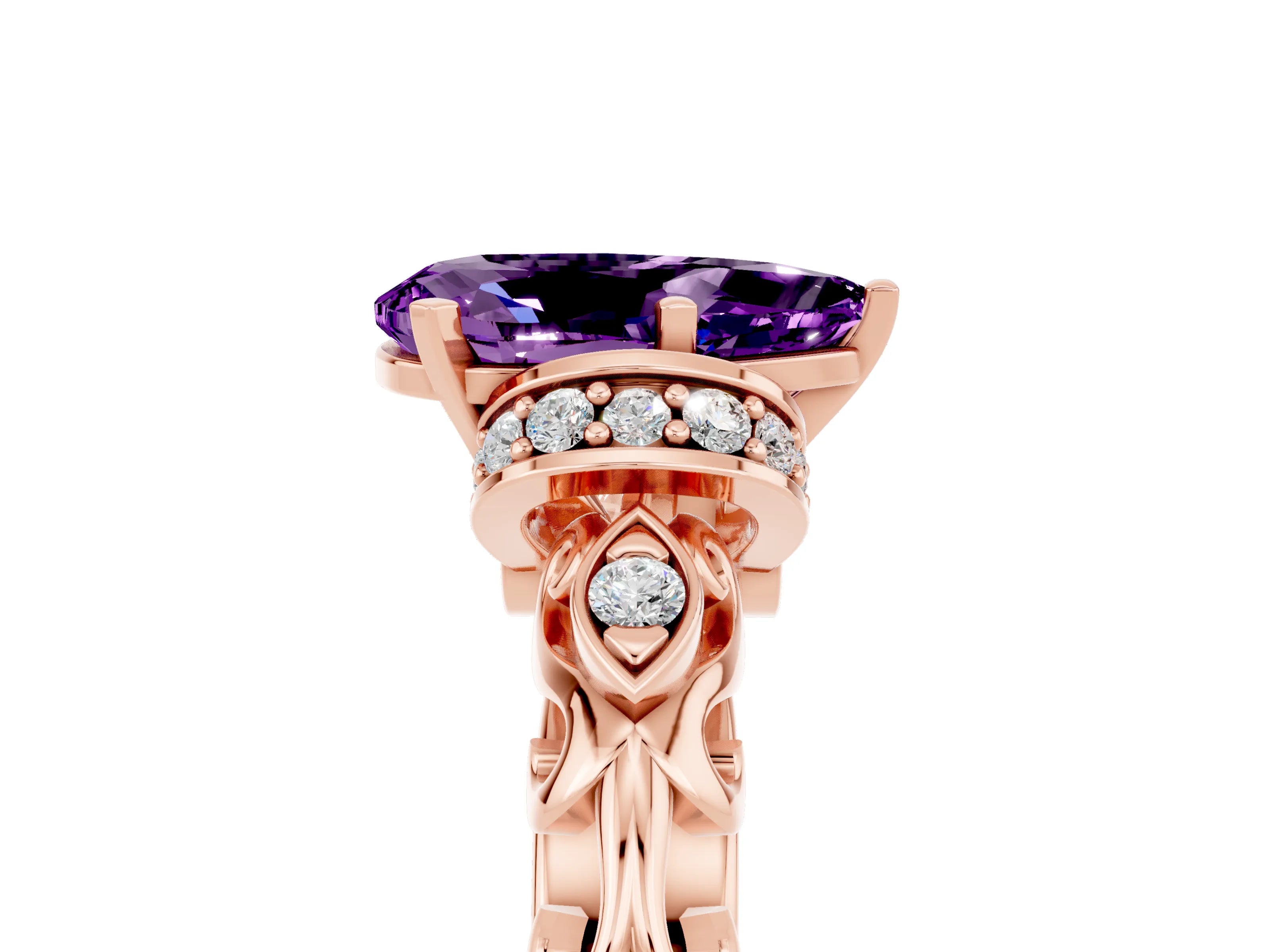 Rose gold Pear Cut Amethyst Solitaire Ring with Filigree Band and Four-Prong Setting_29