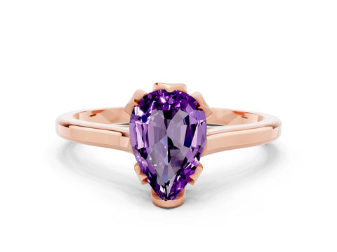 Rose gold Pear Cut Amethyst Solitaire Ring with Flower Prong Setting and Classic Band_12