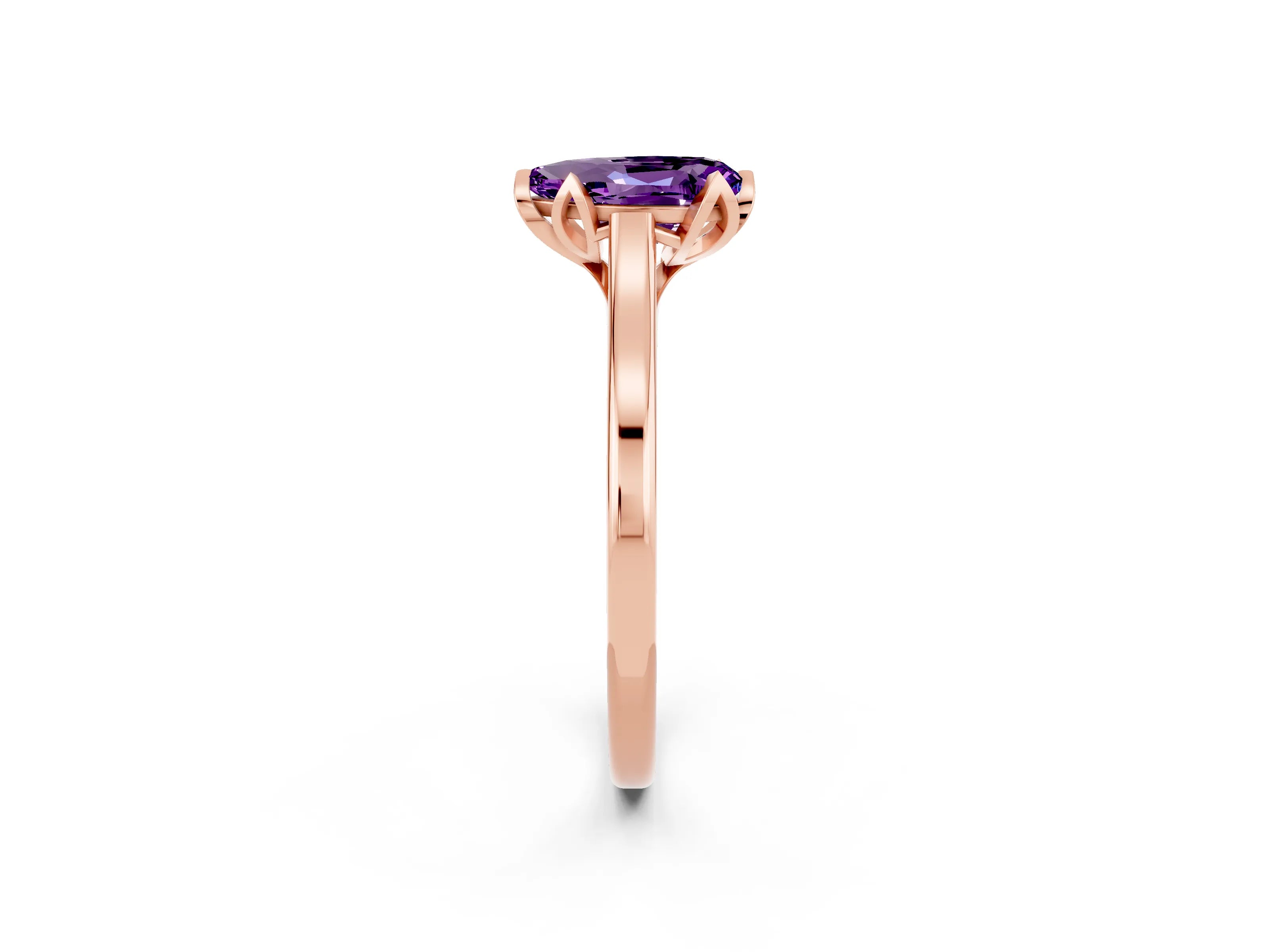 Rose gold Pear Cut Amethyst Solitaire Ring with Flower Prong Setting and Classic Band_14